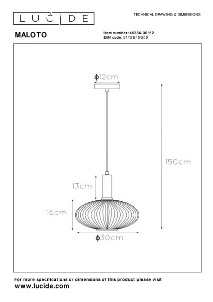 Lucide MALOTO - Lámpara colgante - Ø 30 cm - 1xE27 - Ámbar - técnico